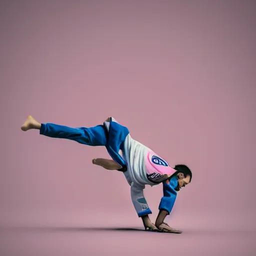 Prompt: zoom of a jiu jitsu athlete torso doing an extreme stretch choreographic move, dance photography, pastel colors palette, 3 d scan, high detail, zoom in, foreshortening, natural light