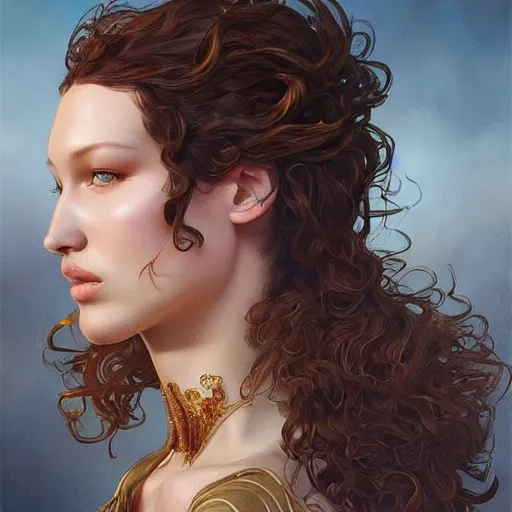 Image similar to ultra realistic illustration, bella hadid wearing a curly english mustache, intricate, elegant, highly detailed, digital painting, artstation, concept art, smooth, sharp focus, illustration, art by artgerm and greg rutkowski and alphonse mucha