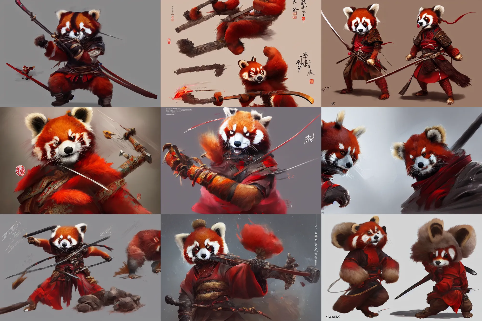 Prompt: detailed concept art of a chinese anthropomorphic red panda anthro samurai character by patryk stefaniak, darek zabrocki artstation,