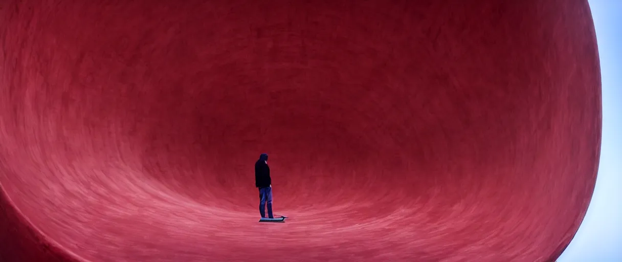 Prompt: large red velvet sculpture like upscaled egg, curved, in the style of anish kapoor, stands in the middle of a curved concrete skate park, inside view skate park, on the low fog, film still from the movie directed by denis villeneuve with art direction by zdzisław beksinski, parts by denis villeneuve close up,