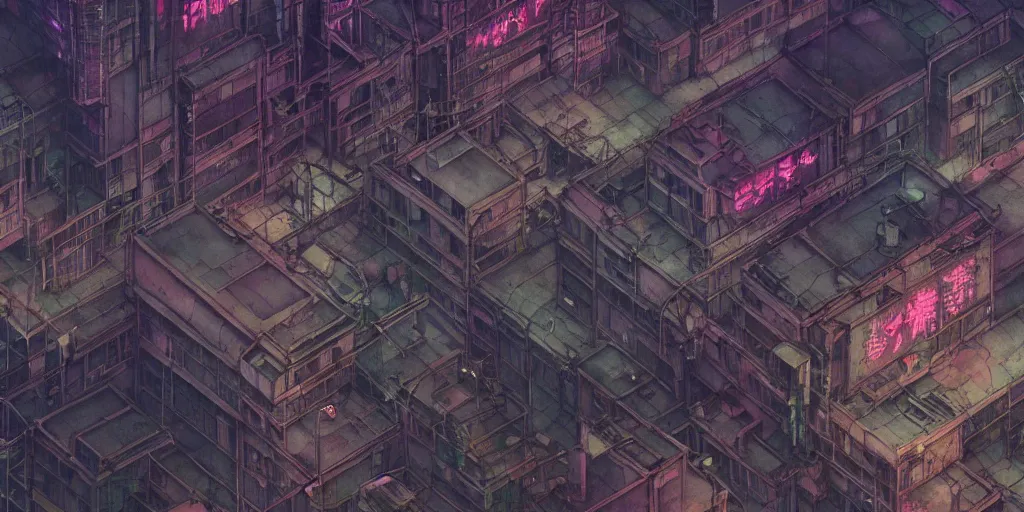 Prompt: twilight lighting, moody, atmospheric, solarpunk, cyberpunk, a render of kowloon walled city, rainy, in the art style of neon genesis : evangelion, 8 0 s anime style, by ghibli studio and victor ngai, ghost in the shell art style, akira artstyle, pixar highly detailed, 8 k h 5 7 6