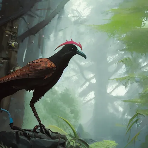 Image similar to concept art painting of an anthropomorphic crow person with steampunk clothes, in the deep forest, realistic, detailed, cel shaded, in the style of makoto shinkai and greg rutkowski and james gurney