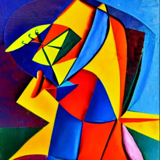 Prompt: Woman flies like a colorful eagle over the mystic rivers, valleys and dark forests to the glistening ocean , abstract art in the style of Cubism ,