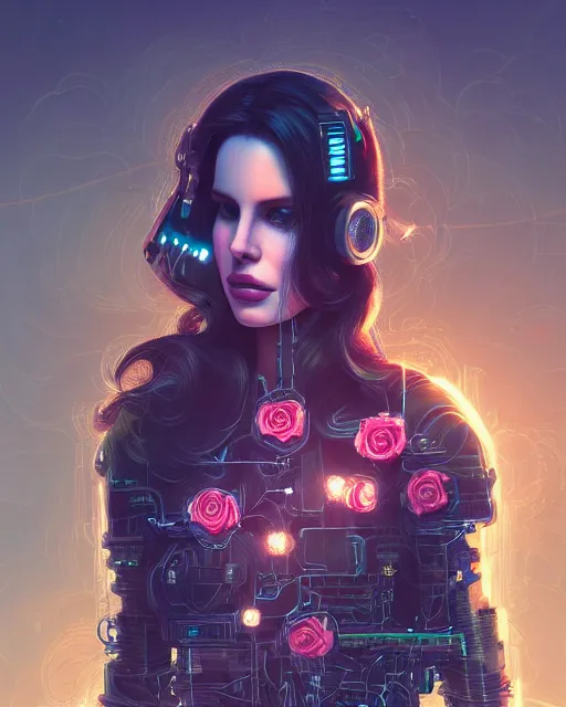 Image similar to portrait of lana del rey as a cyberpunk cyborg. roses, sci - fi, intricate abstract upper body intricate artwork, by tooth wu, wlop, beeple, dan mumford. concept art, octane render, deviantart, greg rutkowski, cinematic arthouse, key art, hyper realism, iridescent accents