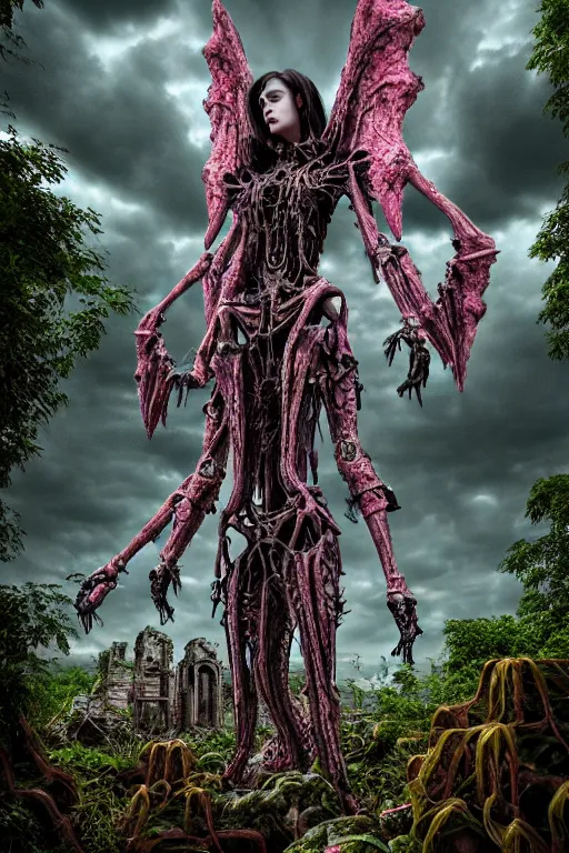 Image similar to post - gothic giant manananggal, exoskeleton armor screaming, dystopian ruins covered in vegetation, highly detailed smooth digital art masterpiece, vitaly bulgarov giger dramatic pink light, ground angle hd 8 k, sharp focus