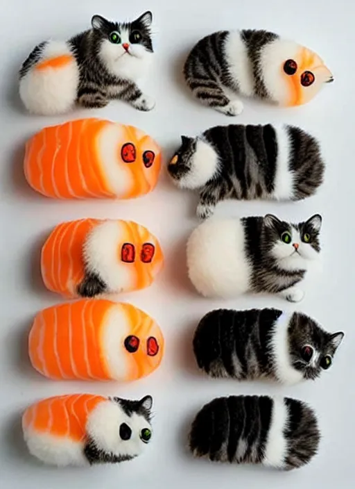 Image similar to clear photorealistic picture of adorable cats made out of sushi