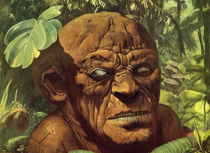 Prompt: giant stone head in a jungle clearing, children's book, vintage, Frank Frazetta