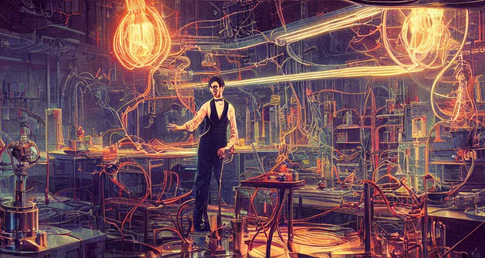 Image similar to nikolai tesla in his lab, electrical arcs, magical sparks, neon glow, highly detailed, digital art, intricate, dramatic lighting, retro futuristic, neon colors, cinematic, art by norman rockwell, greg rutkowski, james gurney, artgerm