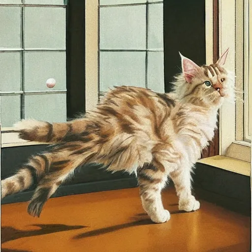 Image similar to cream color maine coon cat chasing a ball in a sunlit bedroom, bay window sofa, high energy, by Jeff Easley