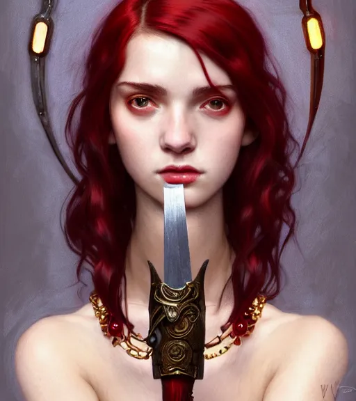 Image similar to portrait of teenage athena holding a dagger, long blood red hair, stern expression, wearing clothing of leather and fur, fringe, bone jewelry, intricate, elegant, leather jewelry, glowing lights, highly detailed, digital painting, artstation, concept art, smooth, sharp focus, illustration, art by wlop, mucha, artgerm, and greg rutkowski