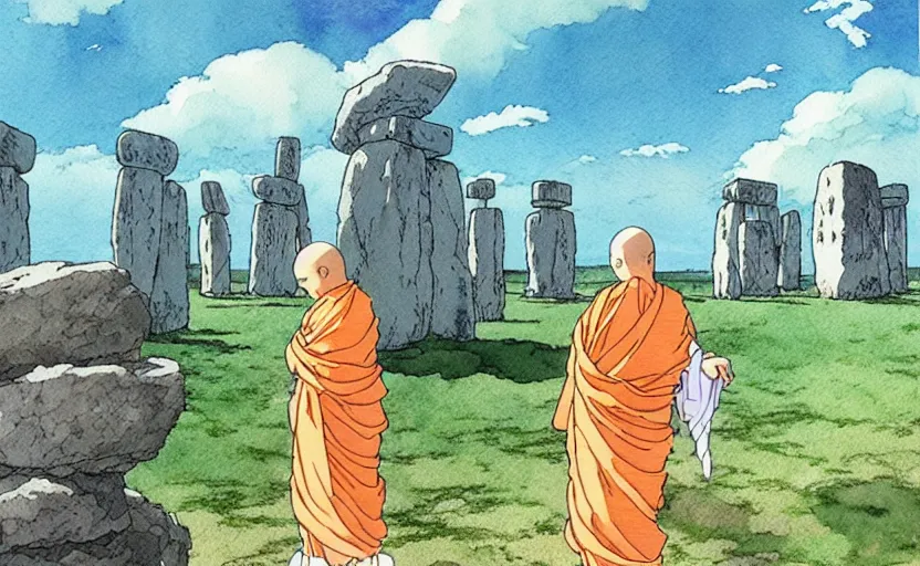 Image similar to a hyperrealist studio ghibli watercolor fantasy concept art. in the foreground is a giant monk in a grey robe lifting a stone. in the background is stonehenge. the scene is underwater on the sea floor. by rebecca guay, michael kaluta, charles vess