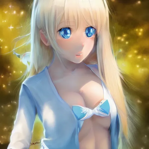 Image similar to tiny father a tall daughter picture : a very beautiful young blond anime girl, sky blue eyes, bikini, white miniskirt, highly detailed, cinematic wallpaper by stanley artgerm lau