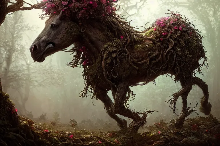Prompt: a stunning horse made of gnarled wood with a thick mane of bioluminescent vines and flowers running through the woods by greg rutkowski, high key lighting, volumetric light, digital art, highly detailed, fine detail, intricate, ornate, complex, octane render, unreal engine, photorealistic