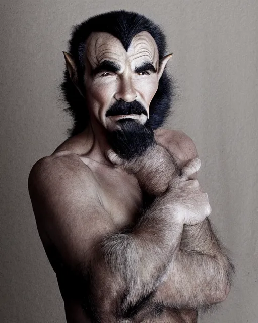 Prompt: actor Burt Reynolds in Elaborate Pan Satyr Goat Man Makeup and prosthetics designed by Rick Baker, Hyperreal, Head Shots Photographed in the Style of Annie Leibovitz, Studio Lighting