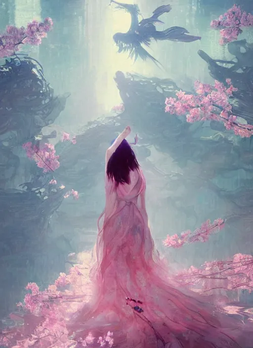 Prompt: lee jin - eun wearing luxurious dress emerging from pink water with cyberpunk theme by greg rutkowski, claude monet, conrad roset, takato yomamoto, rule of thirds, seductive look, beautiful, sakura flowers, dreamy,