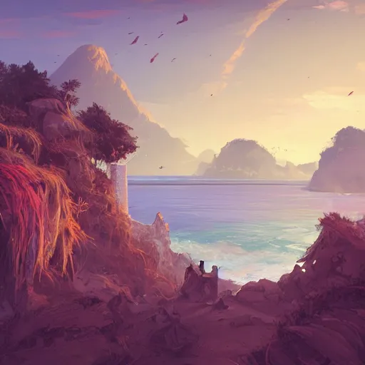 Prompt: digital 2 d, traditional paint, mixed media, concept art, illustration, environmental concept art & design, ruins, coast, ocean, sea, beach, remains, greek, pillars, vagrants, forest of liars, twilight, clouds, sky, coastline, sylvain sarrailh, concept art for forest of liars