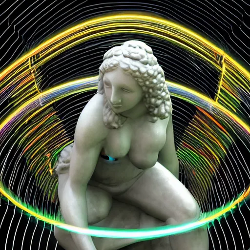 Prompt: a renaissance statue inside a neon ring sculpture, black background, ray tracing, 3 d render, 8 k resolution, shar focus, hyper detailed, hyper realistic