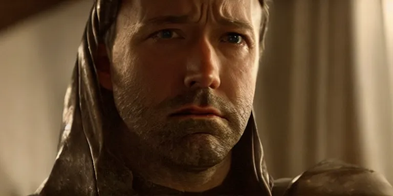 Prompt: still frame from a movie, close up of an relieved ben affleck in a 15th century knight suit, centerframe, medieval background, rule of third, alexa 65, cooke prime 25mm, cinematic, film grain, flare