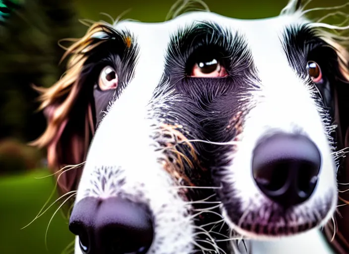 Image similar to a photo of a borzoi dogs face, fisheye lens