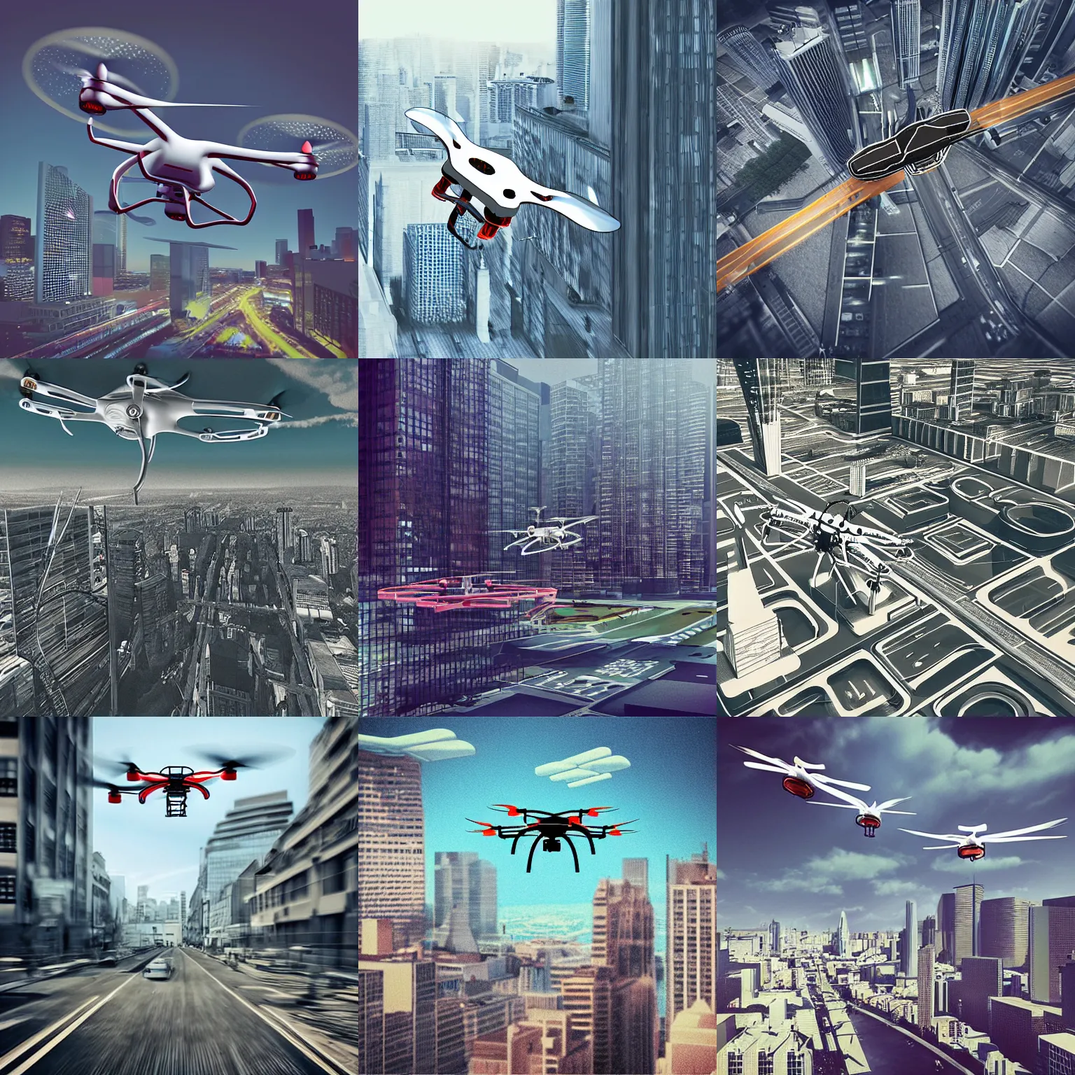 Prompt: “realistic illustration of a quadcopter flying at high speed through a cityscape”