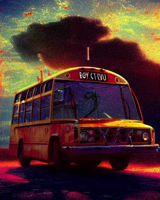 Image similar to boy in a bus looking into the sky, psychedelic trip, cinematic shot, epic composition, fine details, octane render, 8 k, depth of field, concept art, oil painting, digital art, deviantart artstation, extremely detailed, very sharp,