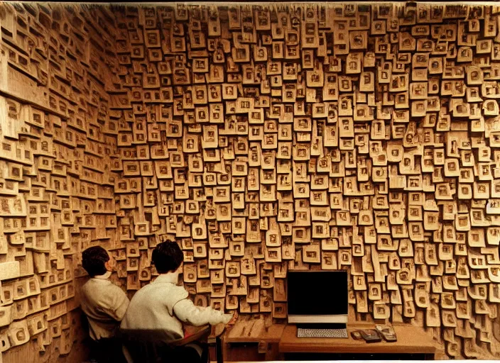 Prompt: realistic photo museum artifact human computer, made of wooden fragments levitating in the living room wooden walls 1 9 9 0, life magazine reportage photo