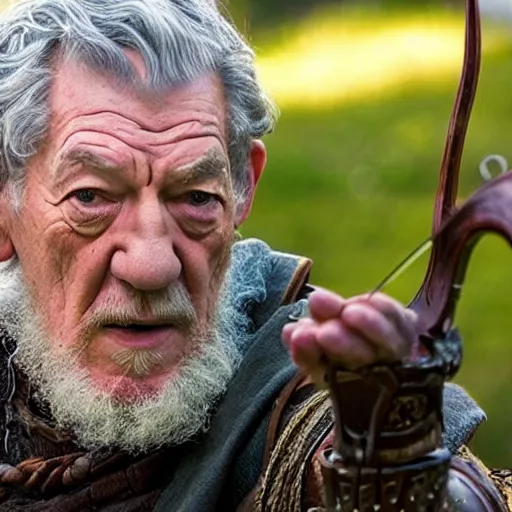 Image similar to sir ian mckellen playing odin all father from the thor movie, sir ian mckellen shooting arrows from his bow, highly detailed, cinematic shot, cinematic lighting, 8 k, exquisit facial detail