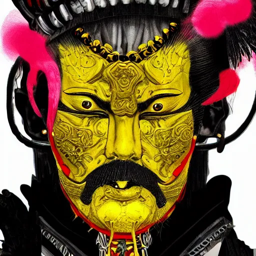 Prompt: close up portrait of old samurai, goth punk, vibrant yellow colors, surreal, french baroque style by alexander mcqueen, hyper detailed, cinematic, art by bill sienkiewicz trending artstation, remove red background