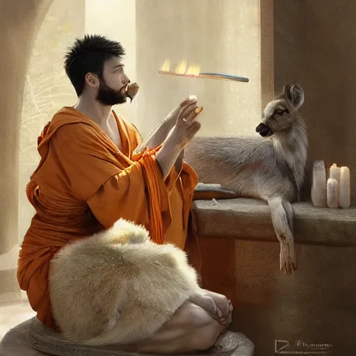 Image similar to antelope deer wolf reptile furry hairy fluffy monk wearing robes holding incense burner. natural lighting by ruan jia, portrait