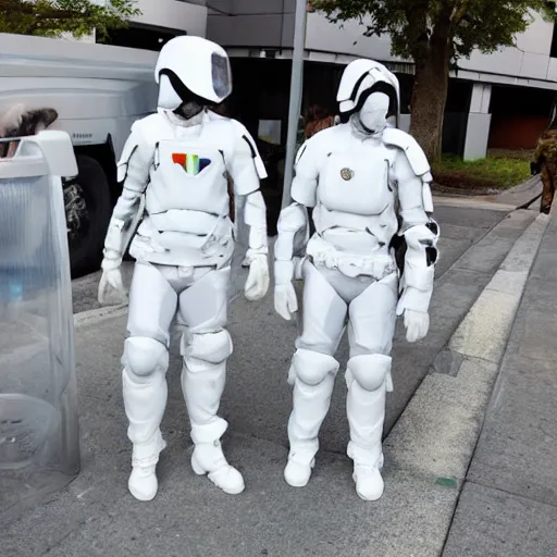 Image similar to dystopian peacekeepers wearing futuristic white armor patrolling the streets of new america