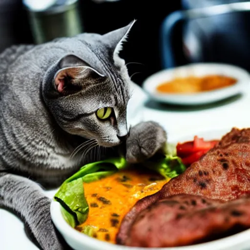 Image similar to grey brittish short hair cat eating kebap, animal photography, food photography