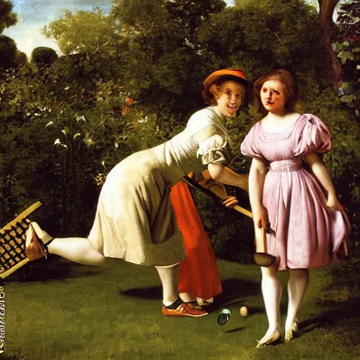 Prompt: columbo playing croquet in the garden, happy expression, smiling, holding a croquet mallet, rule of thirds, golden ratio, oil on canvas, highly detailed, warm color scheme, soft lighting, sharp focus, adelaide labille - guiard, artemisia gentileschi