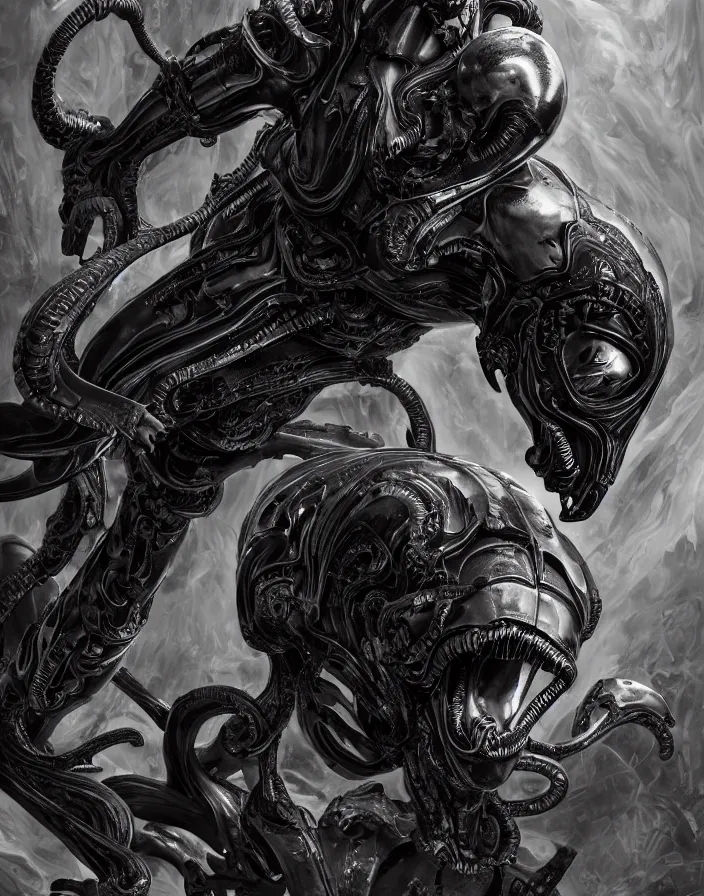 Image similar to engineer prometheus, xenomorph alien, highly detailed, symmetrical long head, smooth marble surfaces, detailed ink illustration, raiden metal gear, cinematic smooth stone, deep aesthetic, concept art, post process, 4k, carved marble texture and silk cloth, latex skin, highly ornate intricate details, prometheus, evil, moody lighting, hr geiger, hayao miyazaki, indsutrial Steampunk