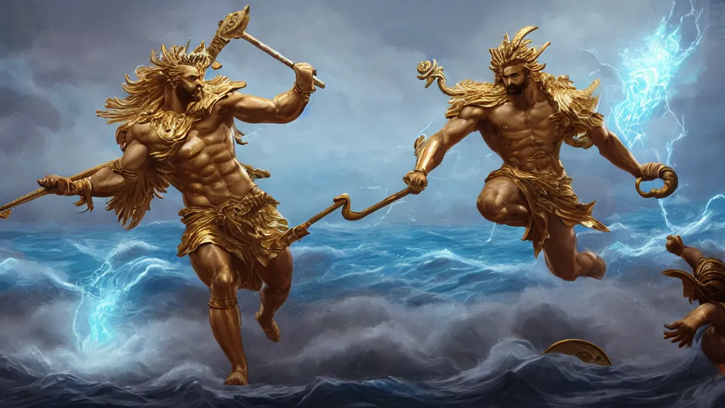 Image similar to Character concept art, Digital Paint, Zeus fighting Poseidon, Character Design, Digital Art, Gold Light, Blue Mist, Divine, Sky, 8K, ornate, Trending on Artstation, in the style of James Jean