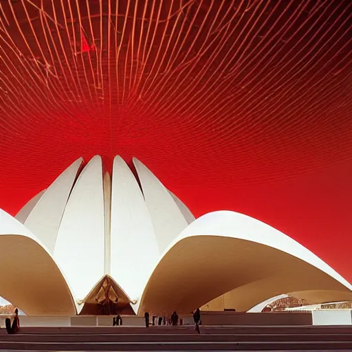 Image similar to futuristic lotus temple space station with gold, red and white marble panels, by santiago calatrava and buckminster fuller and syd mead, intricate contemporary architecture, photo journalism, photography, cinematic, national geographic photoshoot