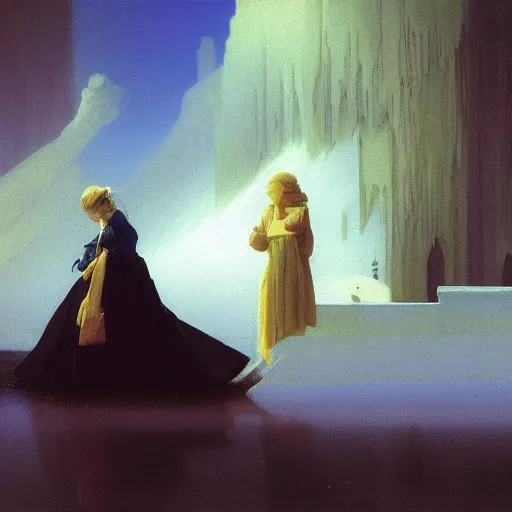 Image similar to a young woman's face, her hair is white and she wears a cobalt blue satin cloak, by ivan aivazovsky and syd mead and moebius and gaston bussiere and roger dean and pieter claesz and paul delaroche and alma tadema and aelbert cuyp and john berkey, hyperrealistic, volumetric light, octane render