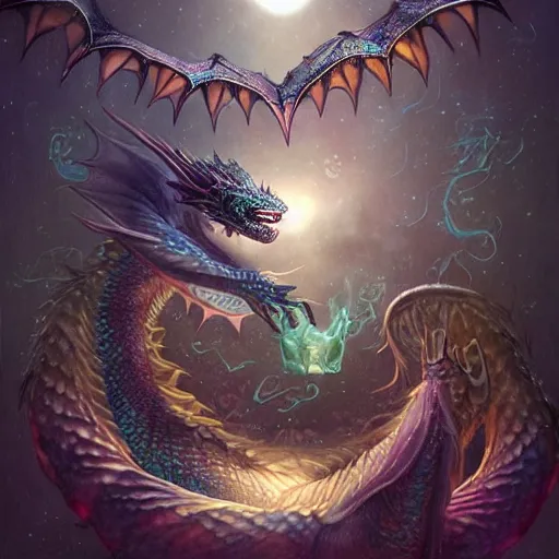 Image similar to a hyperrealistic illustration of a cute and tiny dragon that glows in the dark, dragon baby, glow in the dark, fractal moonlight, little dragon with glowing scales, award - winning, masterpiece, in the style of tom bagshaw, cedric peyravernay, peter mohrbacher