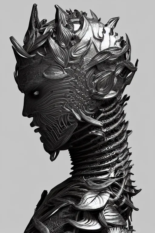 Image similar to bw close - up profile face, black background, beautiful young porcelain vegetal - dragon - cyborg - female, 1 5 0 mm, beautiful natural soft rim light, silver gold details, magnolia leaves and stems, roots, mandelbot fractal, elegant, ultra detailed, white metallic armour, octane render, h. r. giger style