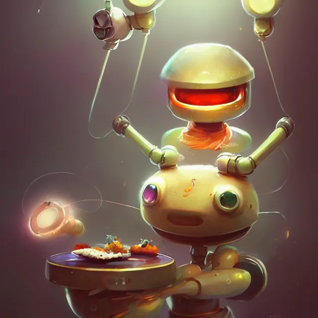 Prompt: cute anthropomorphic robot sushi chef, perfect face, cinematic, elegant, highly detailed, psychedelic, digital painting, artstation, smooth, hard focus, illustration, art by jessica rossier and and brian froud