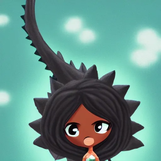 Prompt: Dark skinned girl pets Chibi Godzilla, digital art