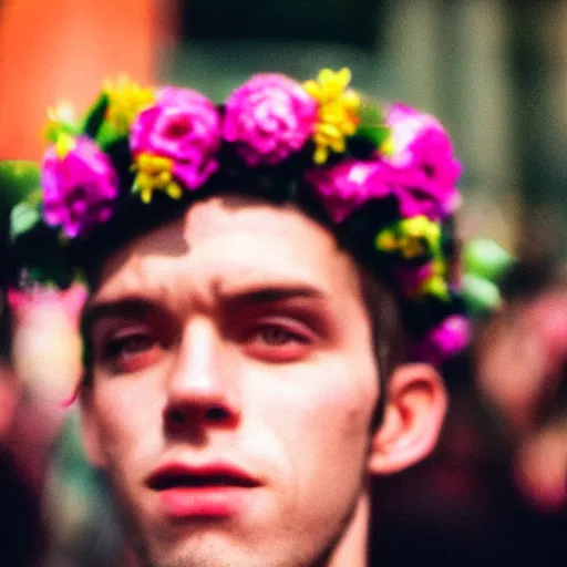 Image similar to close up kodak portra 4 0 0 photograph of a skinny guy standing in crowd, flower crown, moody lighting, telephoto, 9 0 s vibe, blurry background, vaporwave colors, faded!,