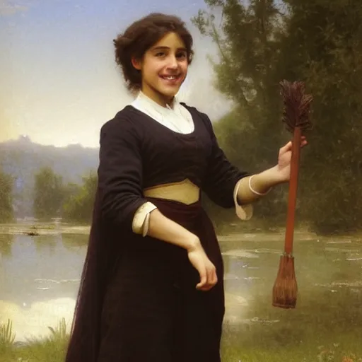Prompt: painting of claudia vega as hermione granger. smiling. happy. cheerful. art by william adolphe bouguereau. extremely detailed. beautiful. 8 k. award winning.