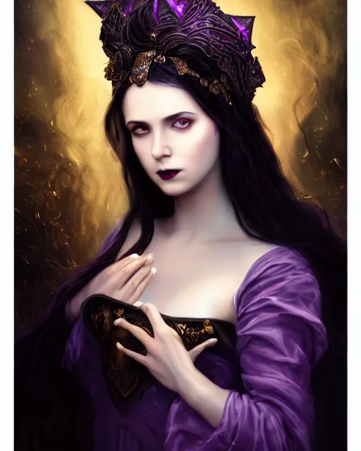 Image similar to a beautiful image of a young woman, Liliana vess the last hope, long flowing black hair, ornate headdress, Victorian purple and black costume, young female face, cinematic top lighting, insanely detailed and intricate, face by wlop, Charlie Bowater, golden ratio, symmetric, elegant, ornate, luxury, elite, matte painting, cinematic, trending on artstation, deviantart and cgsociety, 8k, high resolution