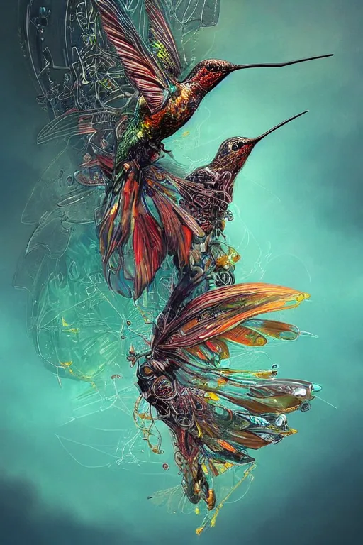 Prompt: detailed digital biopunk biomechanical hummingbird sipping nectar from retrofuturistic iridium flowers, cinematic lightning, 8 k, artgerm, bagshaw, rutkowski, carne griffiths, ayami kojima, beksinski, trending cgsociety deviantart, minimalism