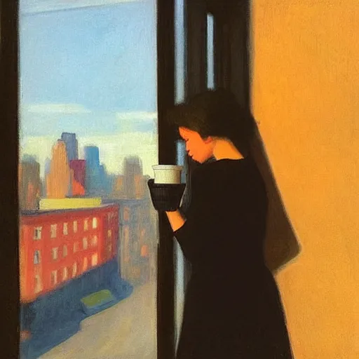 Image similar to “ a girl holding a cup of coffee looking out a window overlooking the east village in new york city, morning light, by edward hopper ”