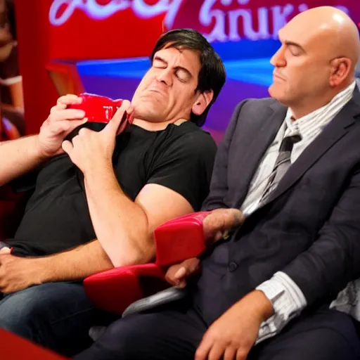 Image similar to Coca Cola character fall asleep in front of Kevin O'Leary and Mark Cuban, in Shark Tank (2016)