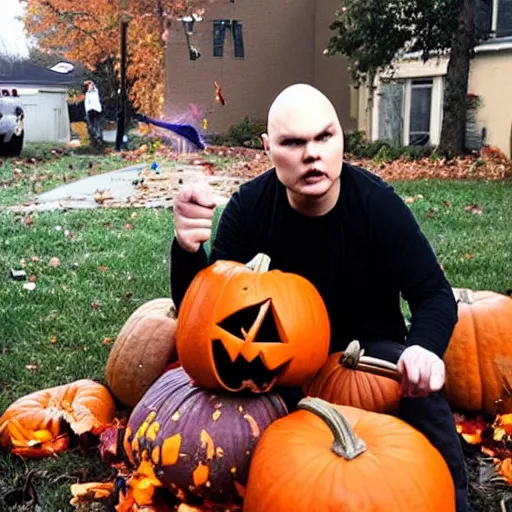 Image similar to billy corgan of the band smashing pumpkins outside on halloween destroying pumpkins in his city because he's angry no one understands his band's name