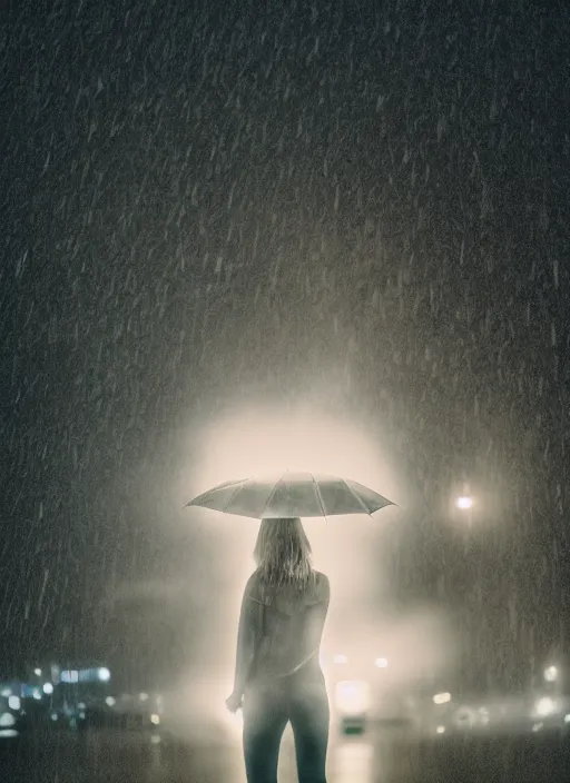 Image similar to a 2 8 mm macro photo of a woman standing in the rain, long exposure, misty, night, splash art, movie still, bokeh, canon 5 0 mm, cinematic lighting, dramatic, film, photography, golden hour, depth of field, award - winning, anamorphic lens flare, 8 k, hyper detailed, 3 5 mm film grain