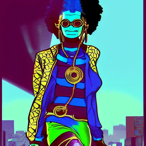 Prompt: afrofuturist woman walking down the busy street wearing gold jewelry and a goli mask, simple, cyberpunk, far shot, 1970s comic art style