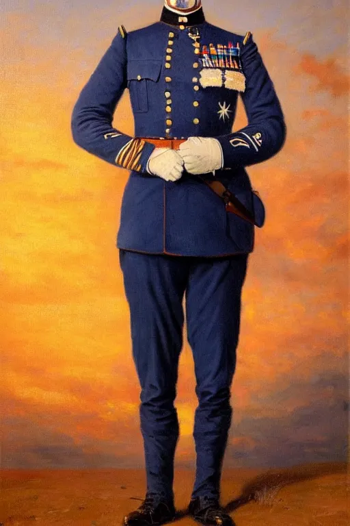 Prompt: full body portrait of the dictator of the oklahoma city thunder, 1 8 8 9, in full military garb, thunder blue, sunset, navy blue, oil on canvas by william sidney mount, trending on artstation